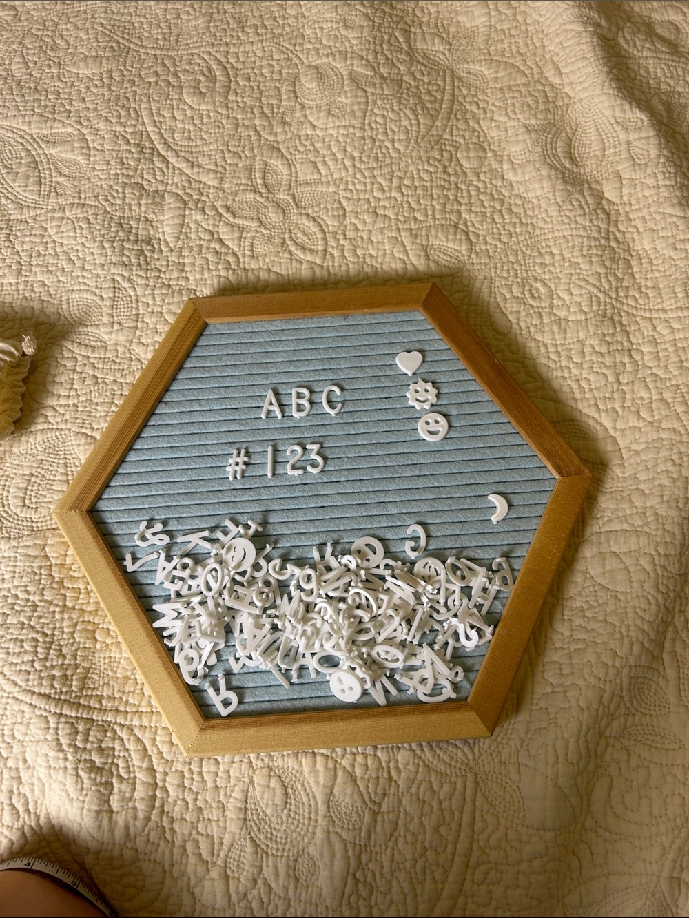 Hexagon Wood Frame Felt Letter Board in Light Blue and Natural Wood